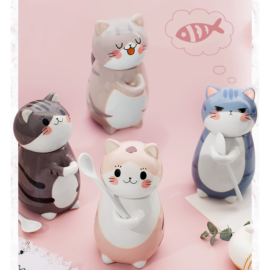CANECA DE GATO FOFO PERSONALIZADA COM COLHER